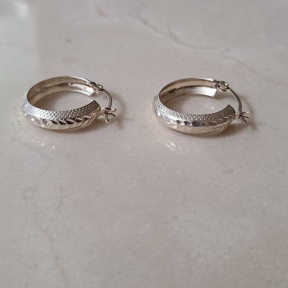 Sterling Silver Etched Small Hoop Earrings - Picture 9 of 12